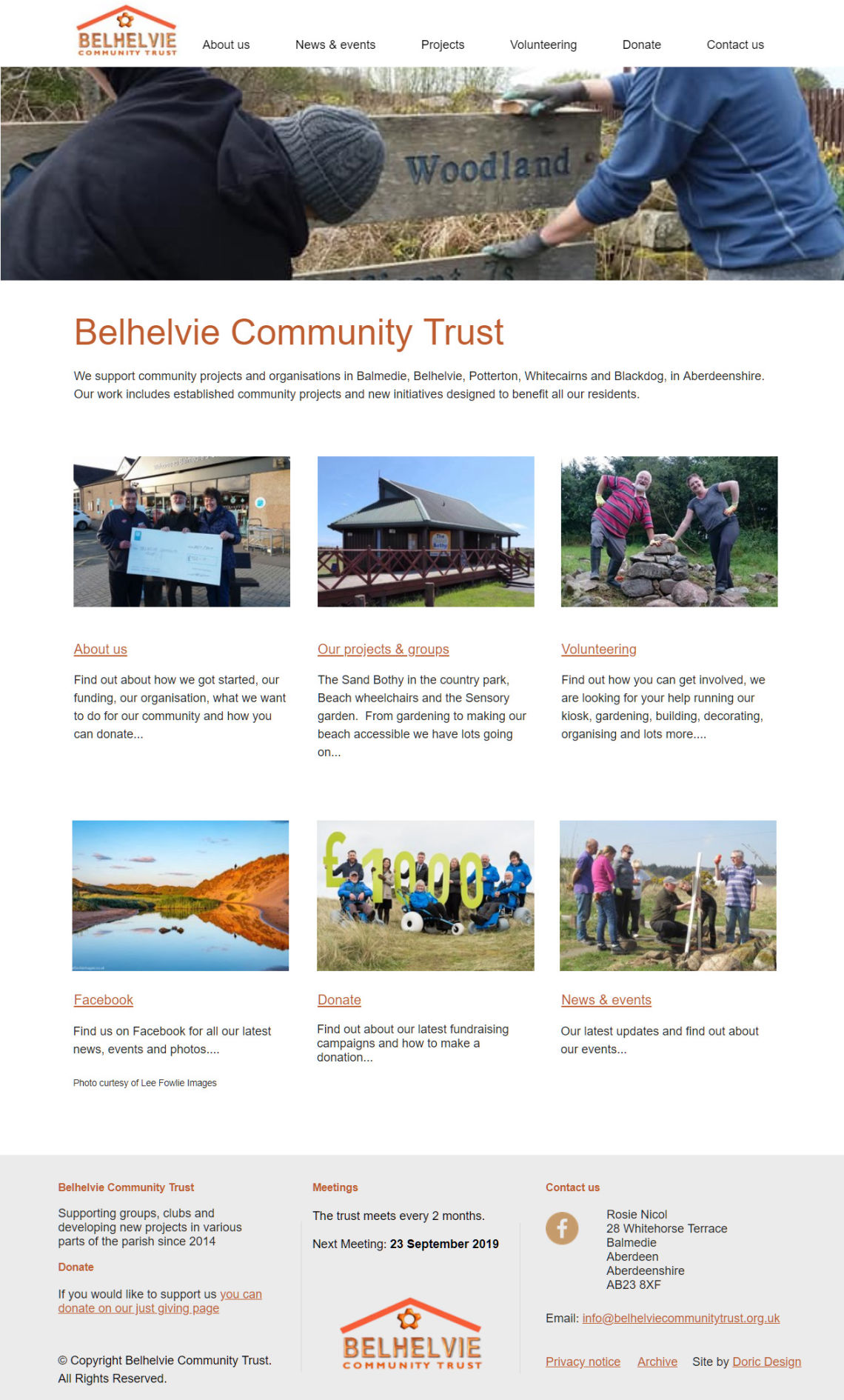 Homepage of the Belhelvie Community Trust designed by Doric Design - shows members of the Trust volunteering on projects